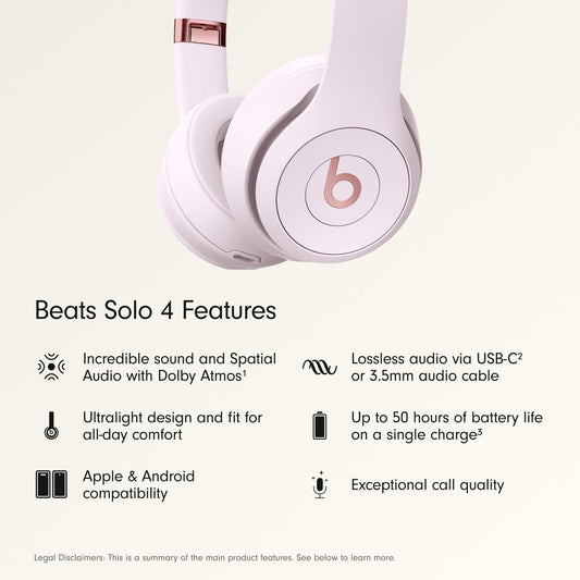 Beats Solo 4 - Wireless On-Ear Bluetooth Headphones, Up to 50-Hour Battery Life, Ultra-Lightweight Comfort, Powerful and Balanced Sound, Apple & Android Compatible - Cloud Pink