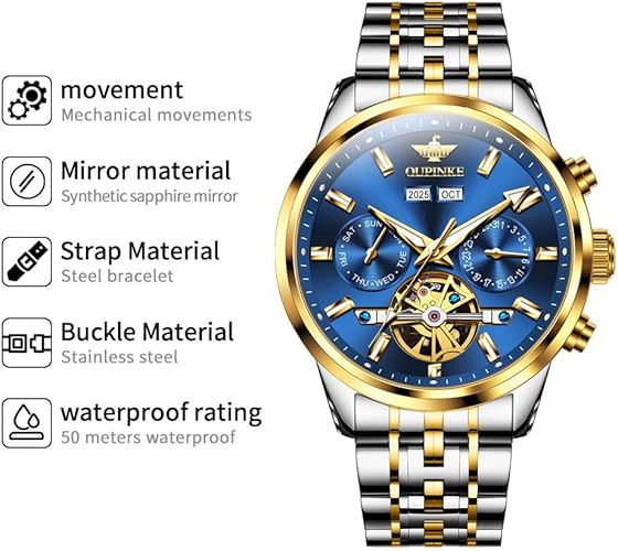 OLEVS Automatic Men Watches Mechanical Luxury Self Winding Wrist Watch Multi Calendar Stainless Steel Waterproof Wrist Watches for Men