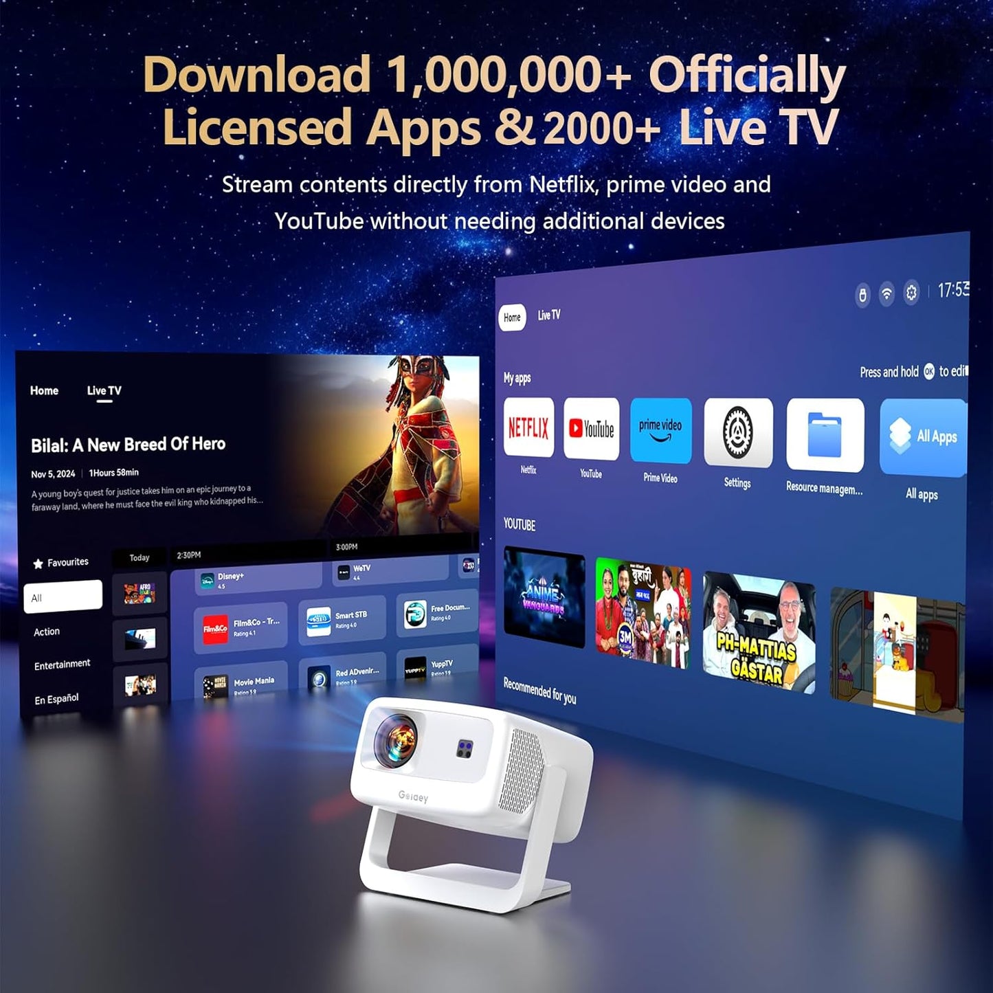 [10,000+ Licensed Apps/Live TV/3500ANSI/65W DoIby Audio] Smart 4K-Projector with WiFi and Bluetooth, Goiaey Outdoor Projector with 360°Stand, HDR10+, Auto Focus, Auto Keystone, Short Throw Proyector