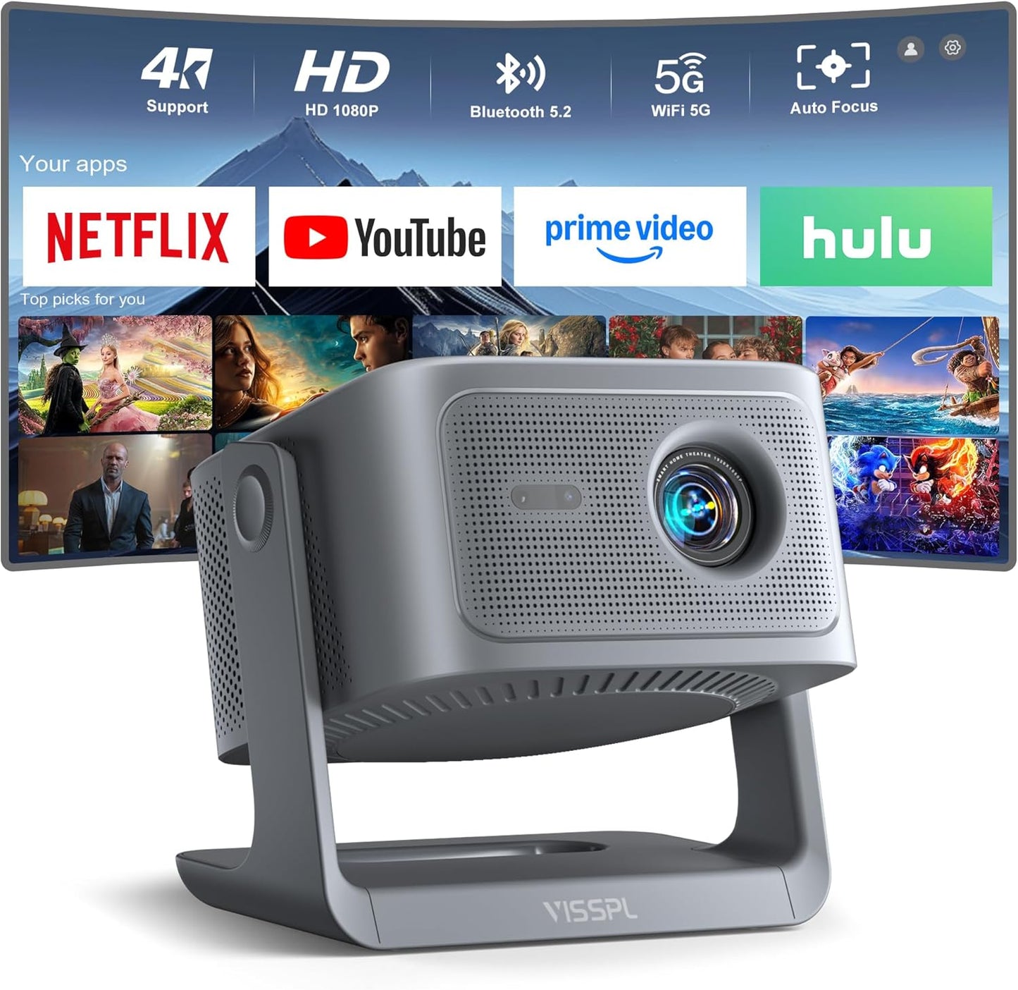 【2200ANSI & Officially-Licensed APP】Smart 4K Projector with WiFi and Bluetooth, VISSPL 3D Dolby Audio and Auto Focus Portable Outdoor Projector, Movie Home Theater Proyector with 360° Adjustable Stand