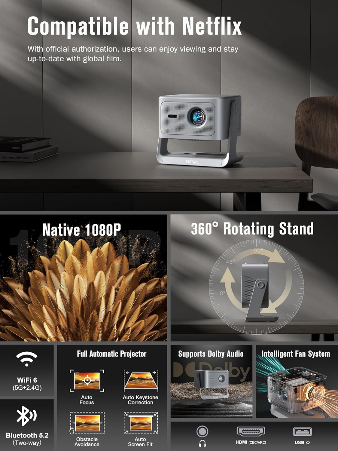 【2200ANSI & Officially-Licensed APP】Smart 4K Projector with WiFi and Bluetooth, VISSPL 3D Dolby Audio and Auto Focus Portable Outdoor Projector, Movie Home Theater Proyector with 360° Adjustable Stand